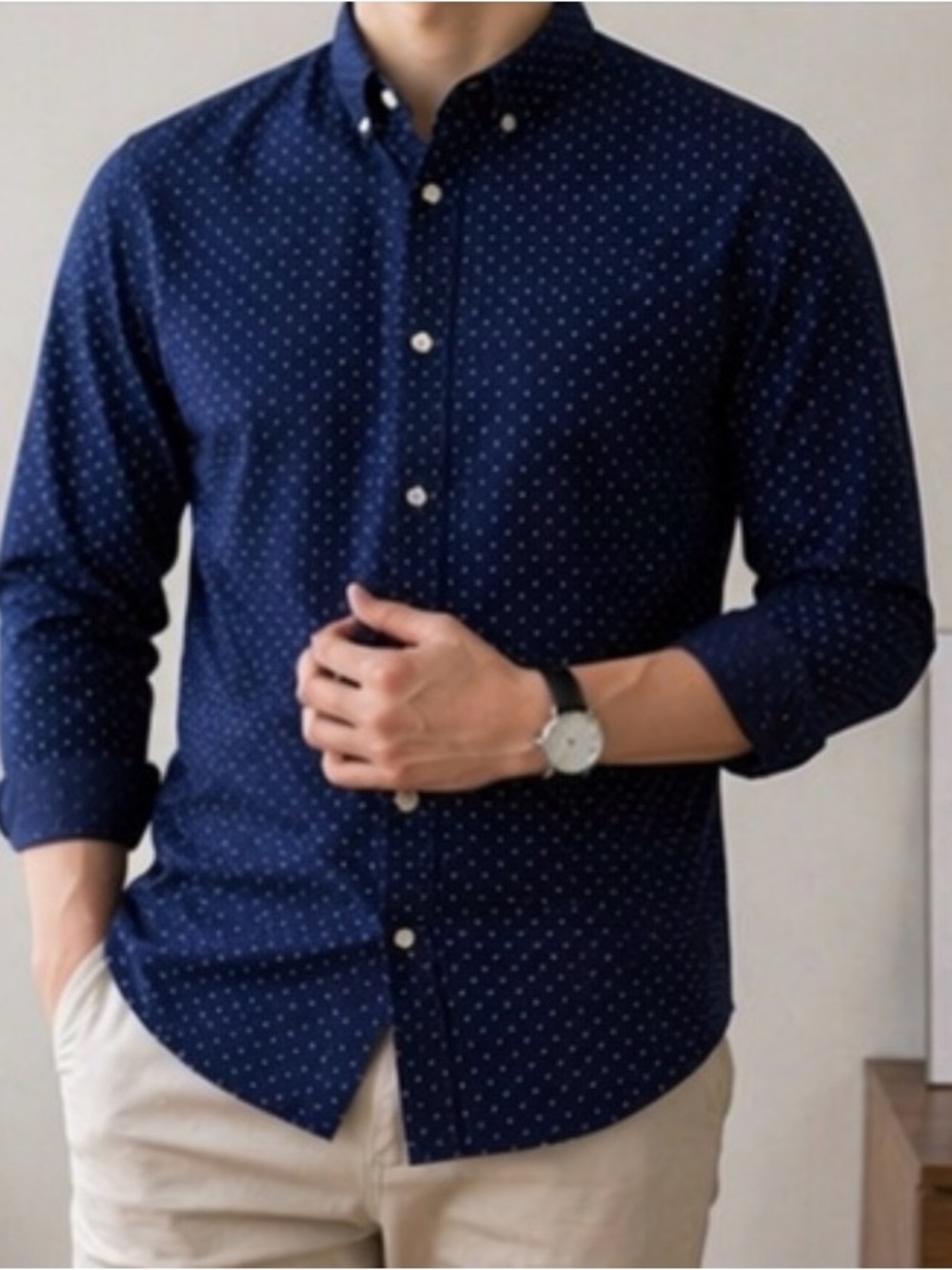 Zara Men’s Dark Blue Button-Down Shirt with White Microdots